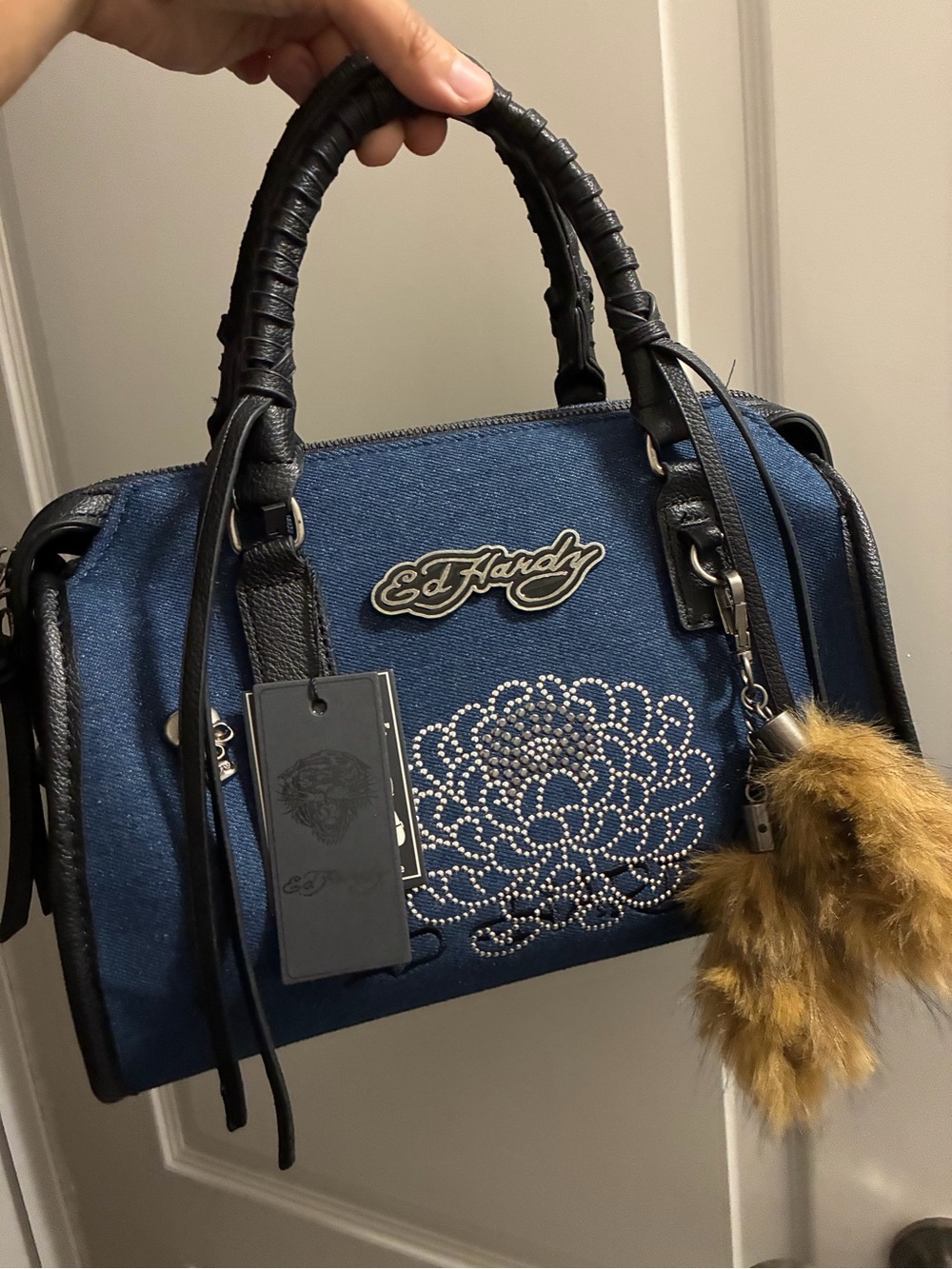 Ed Hardy Blue Denim Satchel with Black Trim and Tan Fur Charm